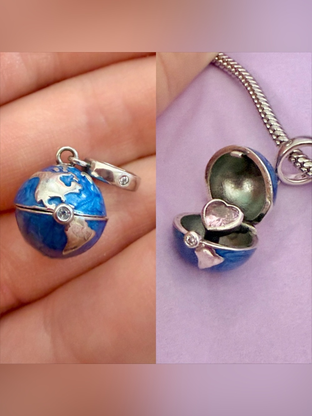Globe world travel locket pendant .925 silver Pandora style charm